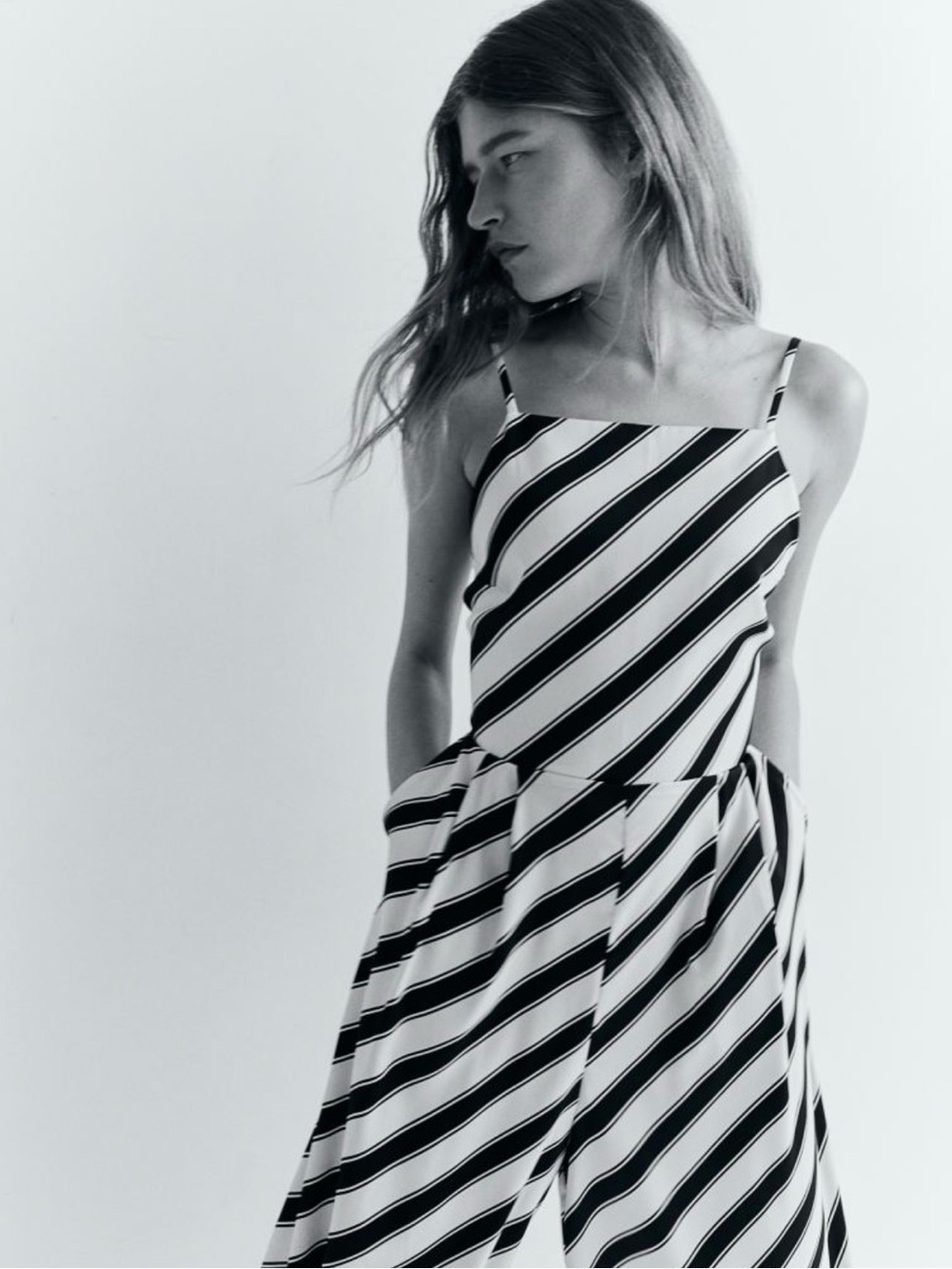 NWT Satin Striped Black and White Spaghetti-Strap jumpsuit